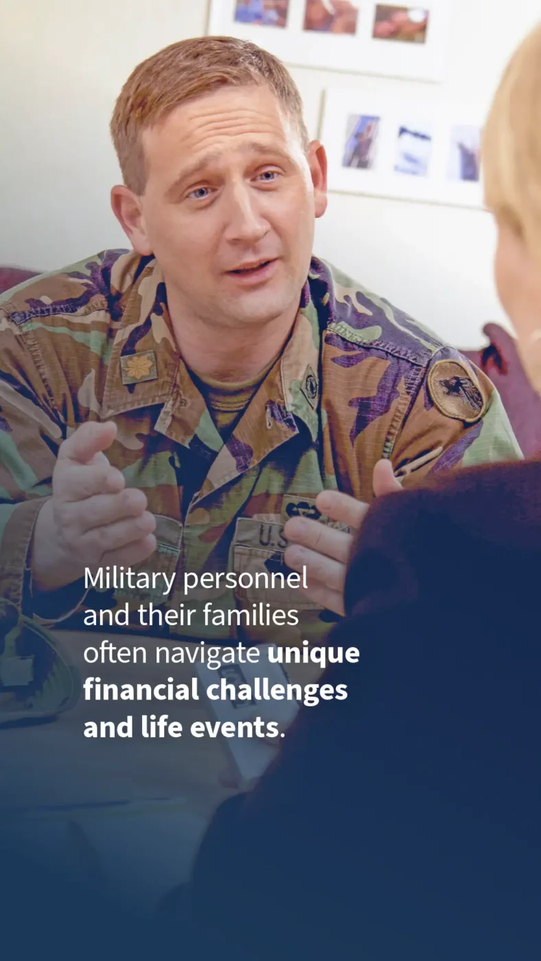 Male dressed in military camouflage talking to a female financial adviser.