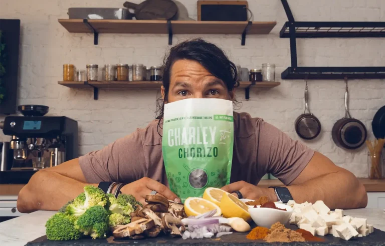 A bag of plant-based chorizo, with ingredients used to create the packaged food.